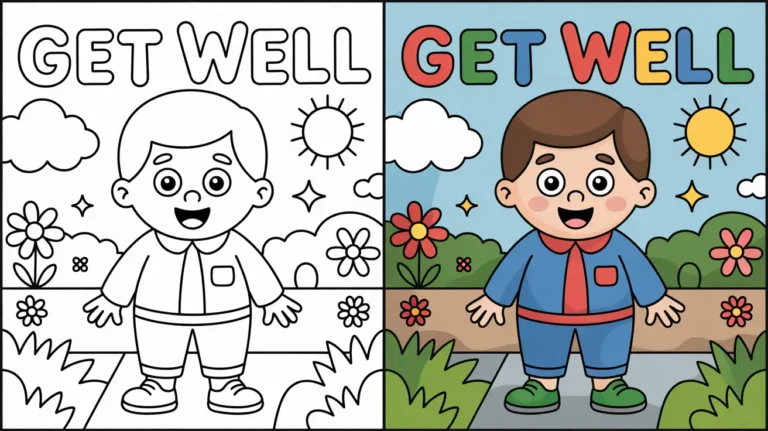Get well coloring page featuring a smiling boy, flowers, sun, and clouds