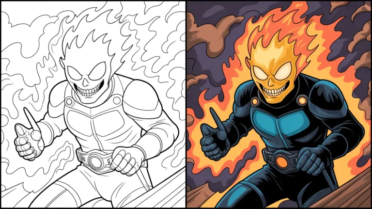 Ghost rider coloring page: a two-panel image of the flaming skull superhero