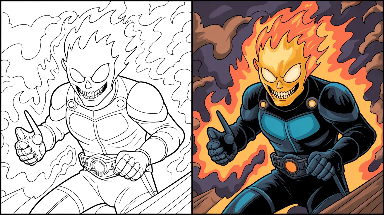 Ghost rider coloring page: a two-panel image of the flaming skull superhero
