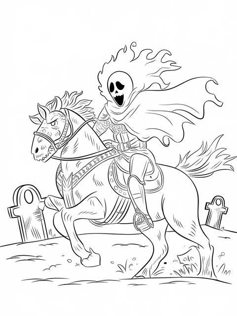 Ghost rider battling on horseback, a skeletal figure with flaming head