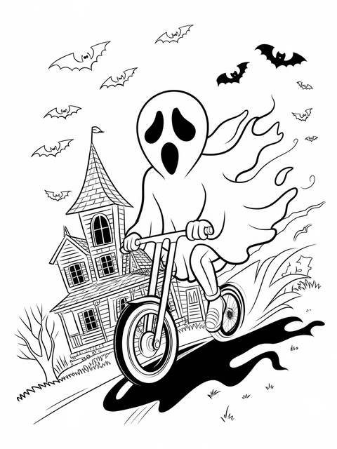 Ghost rider casting a shadow while riding a bicycle in front of a haunted house