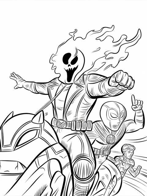 Ghost rider riding a motorcycle alongside other superheroes in a cover image