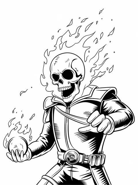 Ghost rider summoning flames, holding a fiery orb, with flames emanating from his skull
