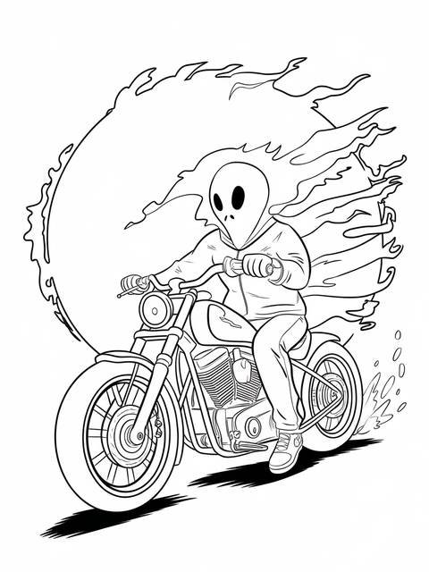 Ghost rider on a motorcycle, with a flaming backdrop, from a coloring page