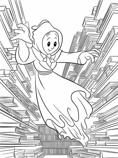 Ghostbusters' ghostly librarian floating among library bookshelves, ready to be colored