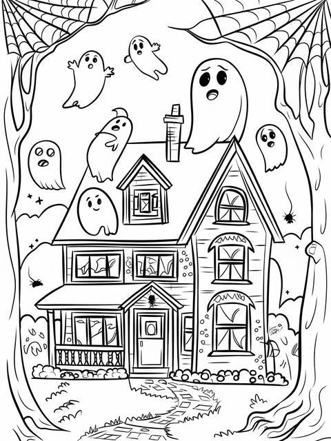 A spooky haunted house coloring page with ghosts and a spiderweb