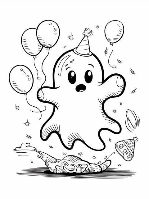 Whimsical ghostbusters-themed ghost with party hat and balloons, ready for a celebration