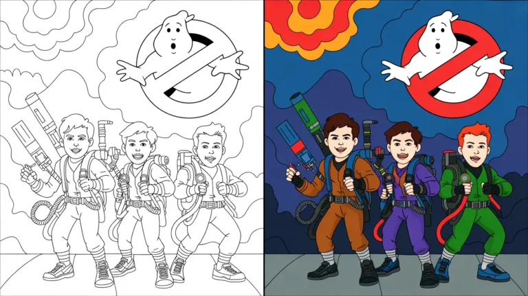 Ghostbusters coloring page: three ghostbusters and a no-ghost logo
