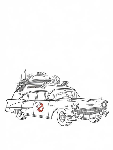 Line art of the ghostbusters' ecto-1 car, featuring the iconic logo