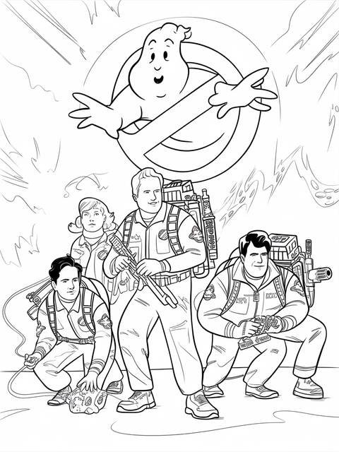 Ghostbusters team with proton packs and the iconic logo, ready for action