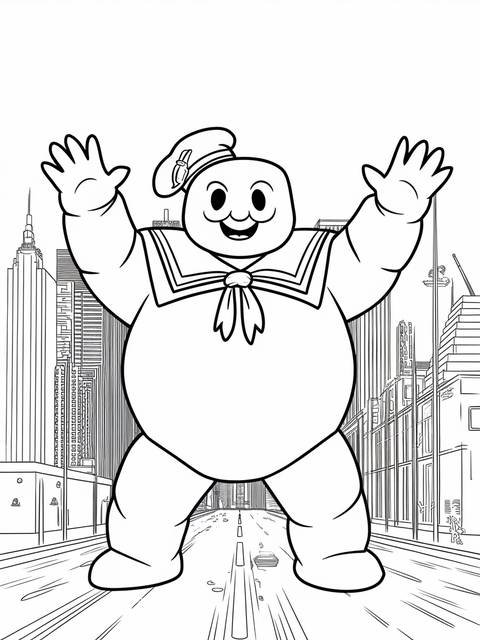 Ghostbusters stay puft marshmallow man coloring page, arms raised, in a city