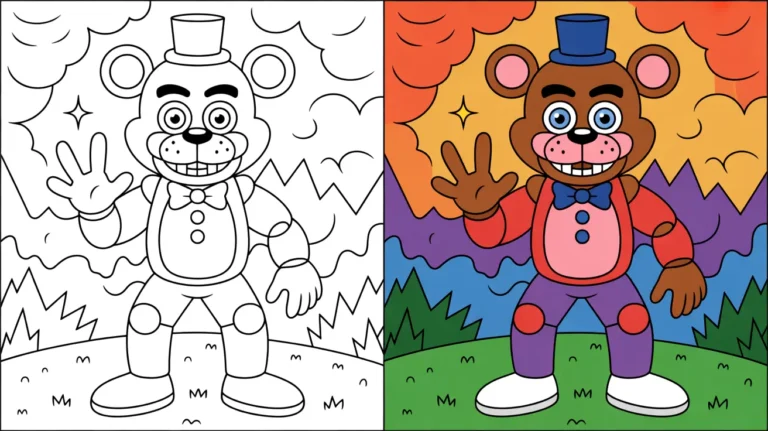 Glamrock freddy coloring page, featuring the character in a friendly pose