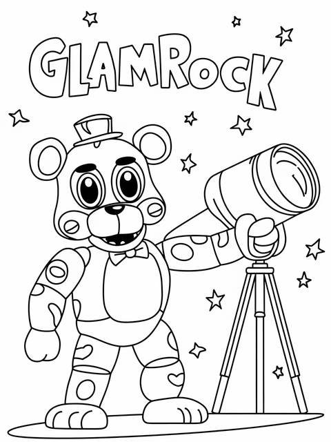 Glamrock freddy holding a telescope, a coloring page with stars and glamrock text above