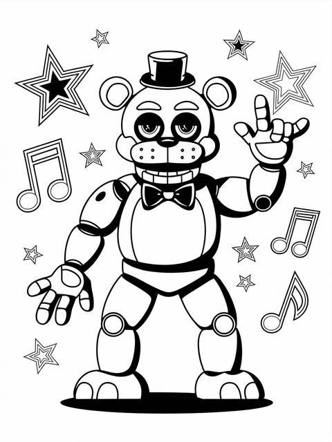 Glamrock freddy, a bear-like character, poses with stars and musical notes