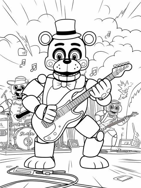 Glamrock freddy performing on stage, playing a guitar in a coloring page