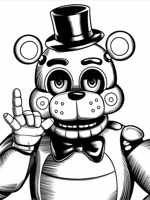 Black and white illustration of glamrock freddy, the bear character, with a finger raised