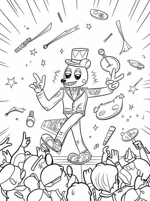 Glamrock freddy character performing for a crowd, surrounded by props and stars in a coloring page