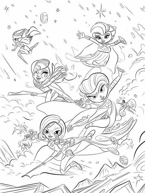 Glitter force team members in action, a dynamic coloring page illustration