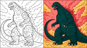 Godzilla coloring page: a detailed illustration of the iconic monster, ready to color