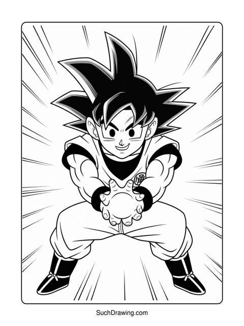 Black and white illustration of goku from dragon ball, ready to fight