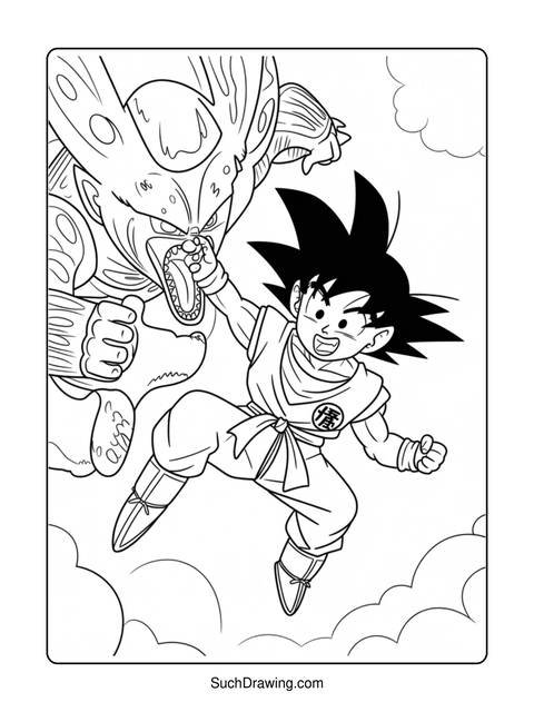 Black and white coloring page of goku fighting a large monster