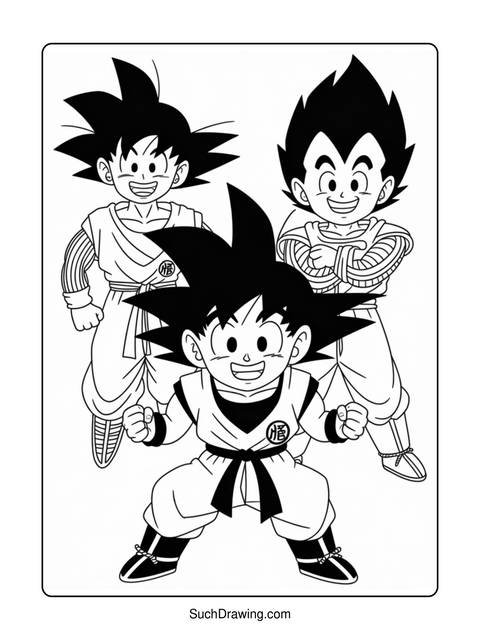 Line art of three dragon ball z characters in their signature outfits