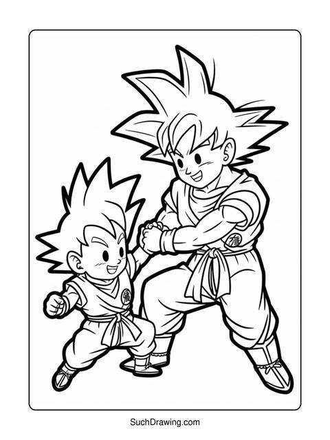 Black and white illustration of two dragon ball z characters, goku and gohan