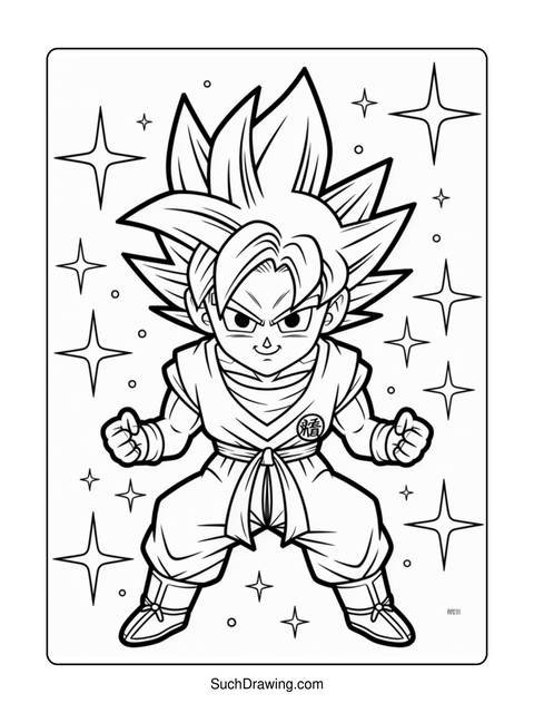Black and white coloring page of goku from dragon ball z with stars