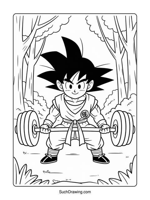 A black and white illustration of goku lifting weights in a forest