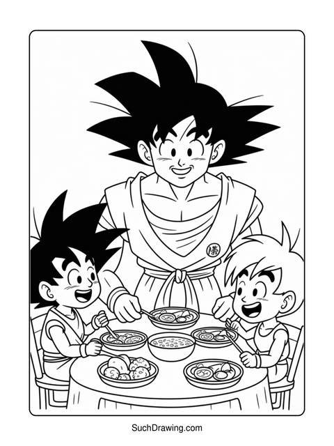Black and white illustration of goku and his sons eating around a table