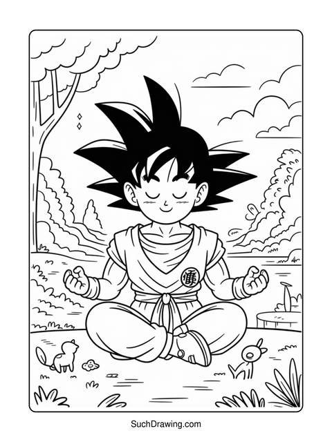 Coloring page of goku meditating in a serene outdoor environment