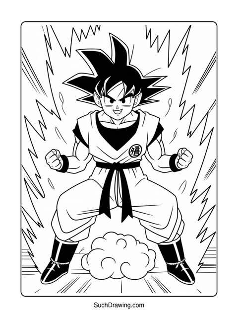 Black and white illustration of goku from dragon ball z in a dynamic pose