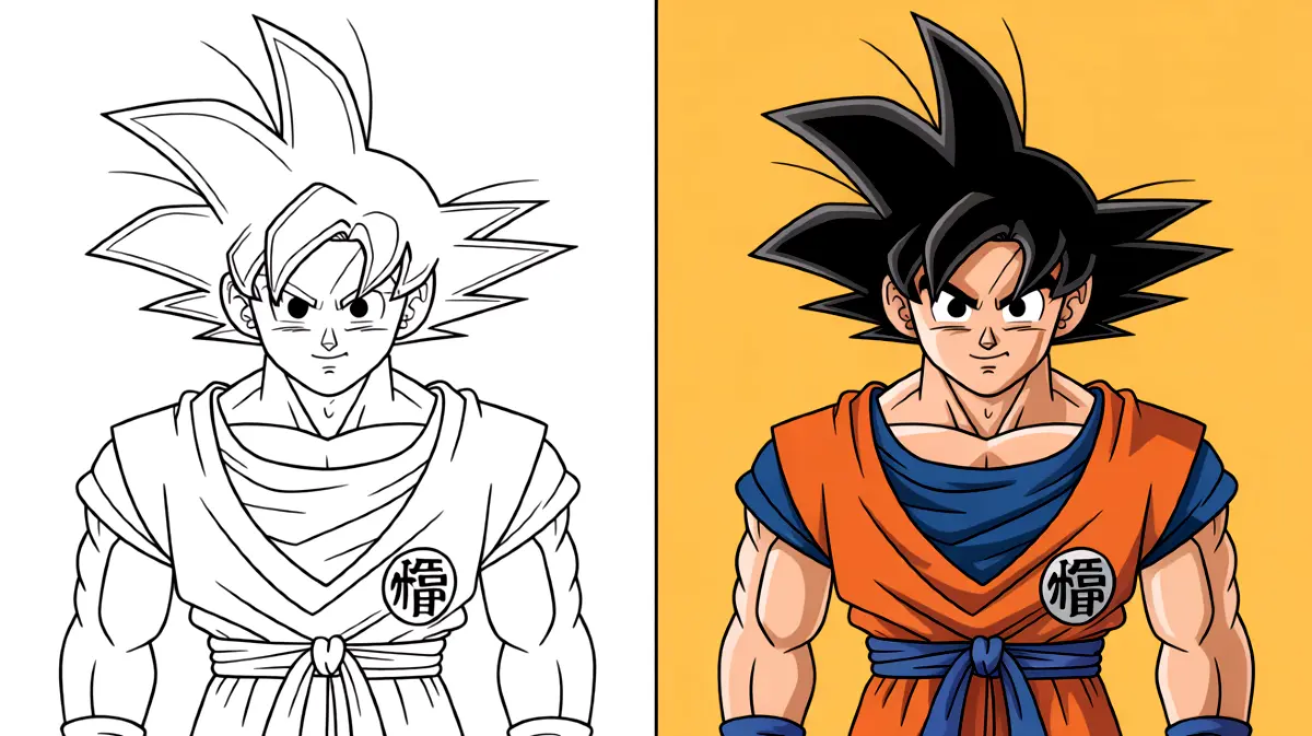 Goku from dragon ball, shown in both a coloring page and colored version