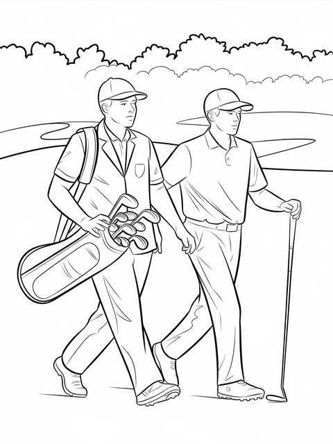 Two men on a golf course, one carrying a golf bag, ready to play