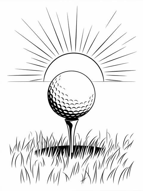 Close-up view of a golf ball on a tee, with a sun graphic