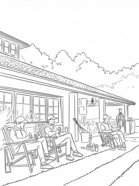 Golf clubhouse exterior scene with people relaxing outside, enjoying the day