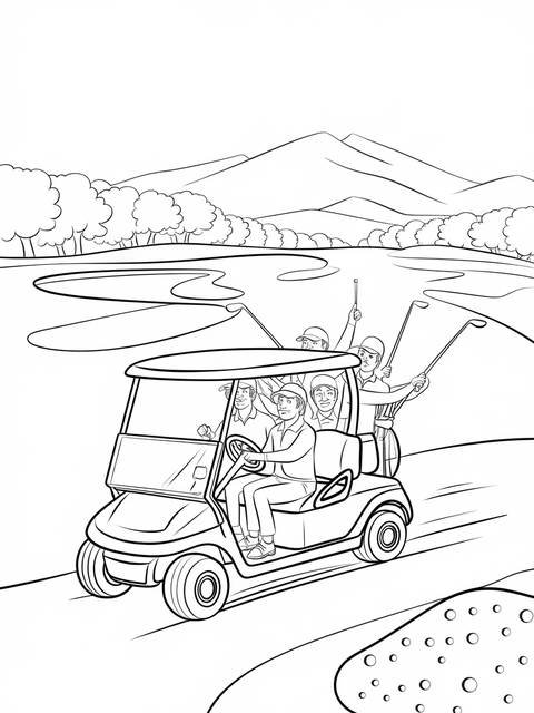 Line drawing of a golf cart with golfers on a golf course