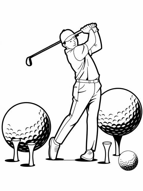Golfer swinging club mid-air, with golf balls and tees, ready to play
