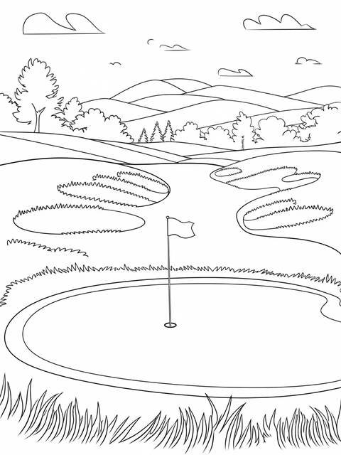 Line drawing of a scenic golf course with rolling hills and a flag