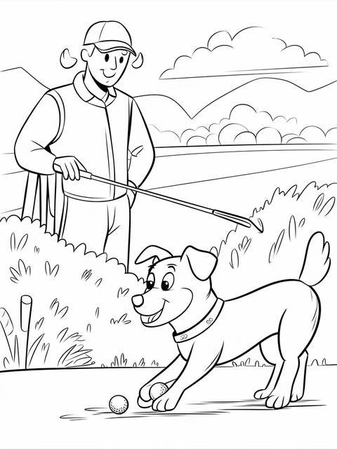 An adorable dog retrieving golf balls on a golf course, with a man watching