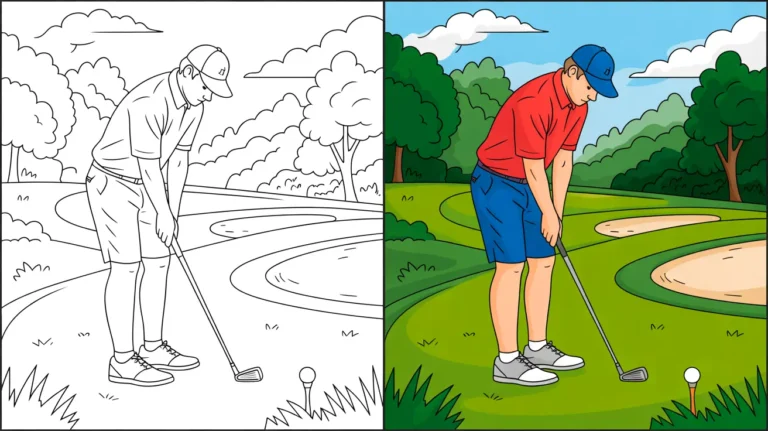 Golf coloring page featuring a golfer preparing to swing on a green course