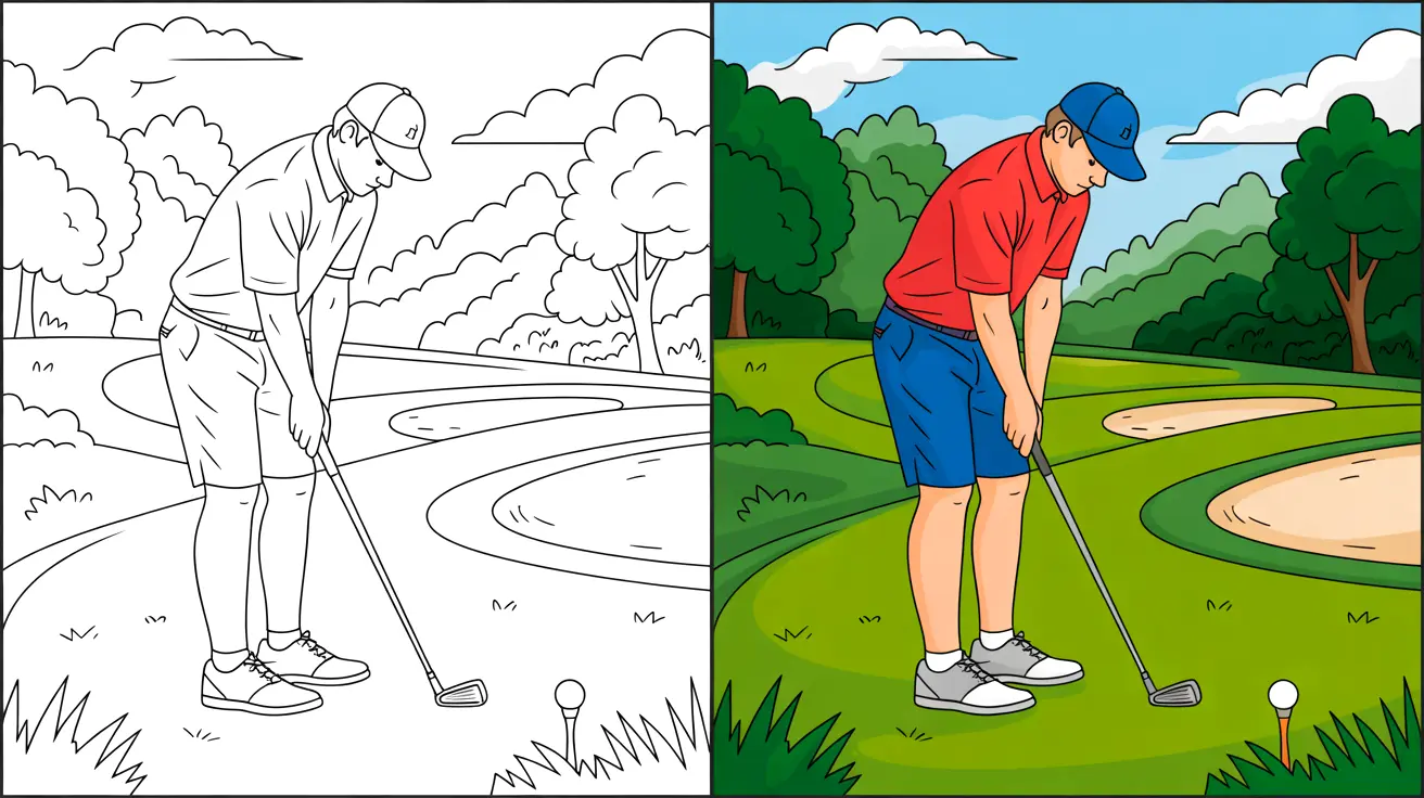 Golf coloring page featuring a golfer preparing to swing on a green course