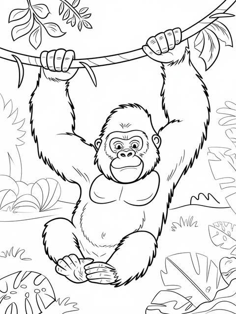 Line art of a gorilla swinging from a vine, as seen in the cover