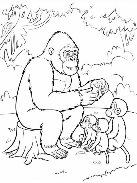 A wise old gorilla sitting with smaller monkeys on a coloring page