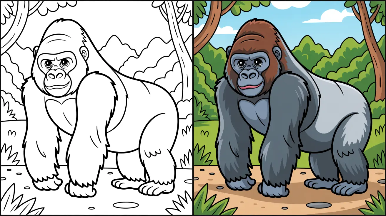 A two-panel image from a gorilla coloring page, featuring a gorilla