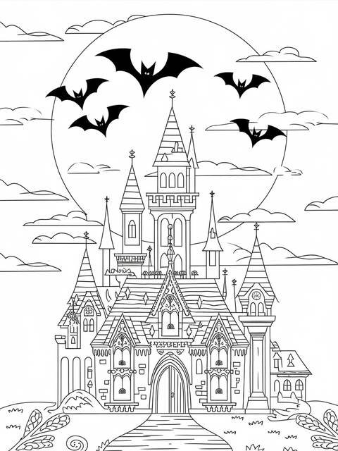 Gothic castle coloring page with bats flying in front of a full moon