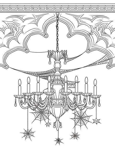 Gothic chandelier coloring page with spiderwebs, hanging from a decorative ceiling