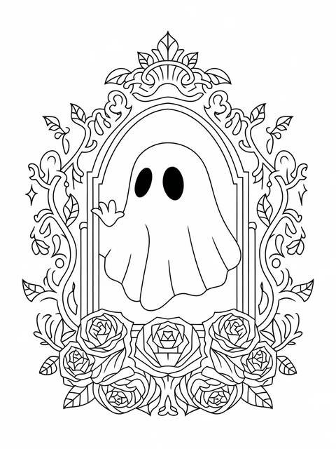 Gothic style mirror reflecting a ghost, surrounded by roses and ornate floral details