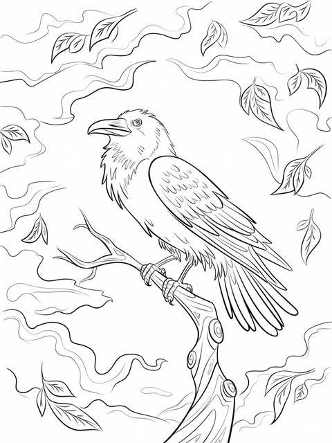 Gothic illustration of a mysterious raven perched on a tree branch, surrounded by leaves
