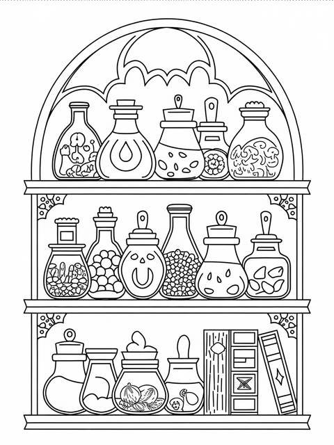 Line art of a gothic witch's apothecary shelf filled with jars and bottles